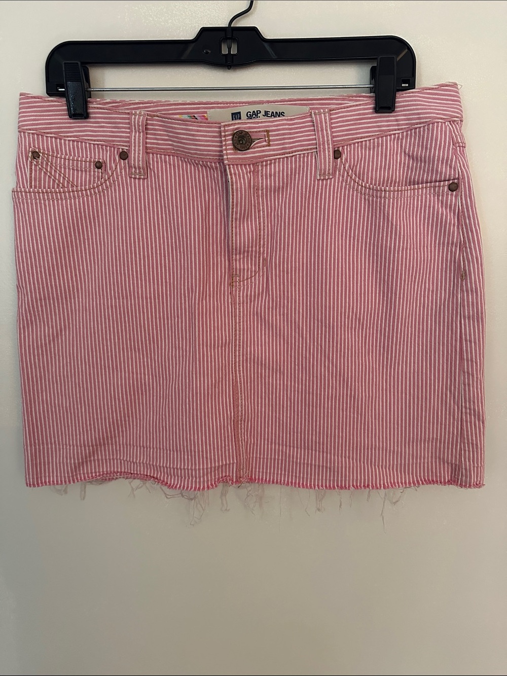 GAP Pink and White Striped Denim Mini Skirt